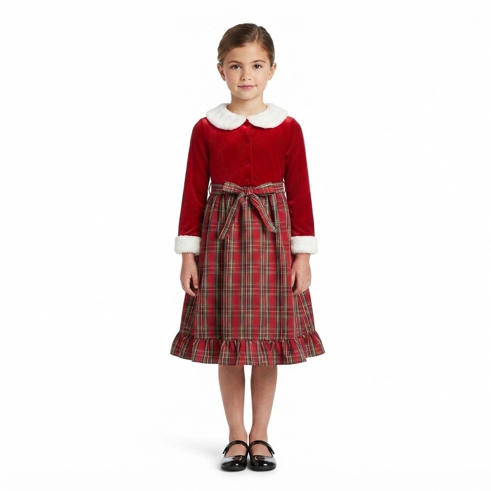 Jona Michelle Dress Girls 7 Red Velvet Plaid Christmas Holiday Dress Faux Fur